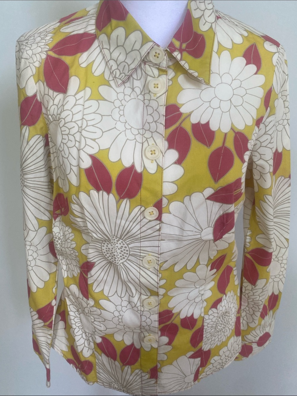 Boden Yellow floral  Button-Down with Pink Leaf Accents Sz 6 100% cotton